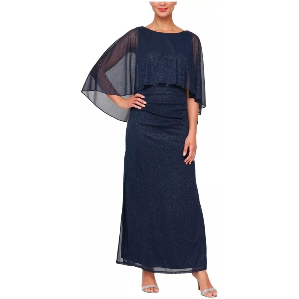 SLNY Navy Glitter Mesh Capelet Gown Ruched Detail Womens Size 8 Formal Evening D